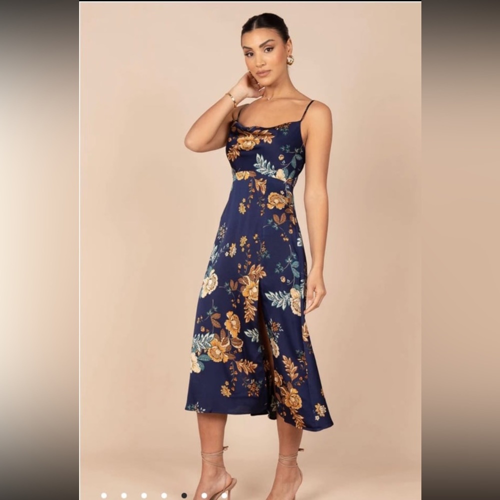 Cowl Neck Navy Midi Dress